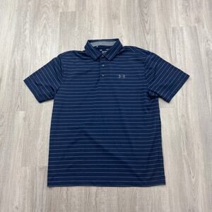 Under Armour The Playoff Polo Shirt Men's Large Blue White Striped Golf Golfing